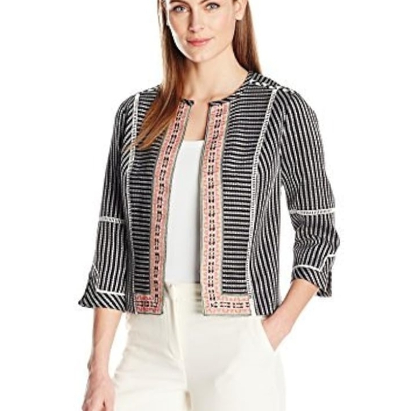 Rafaella Black & White Striped Blazer with Embroidery Sz LP - Picture 1 of 15